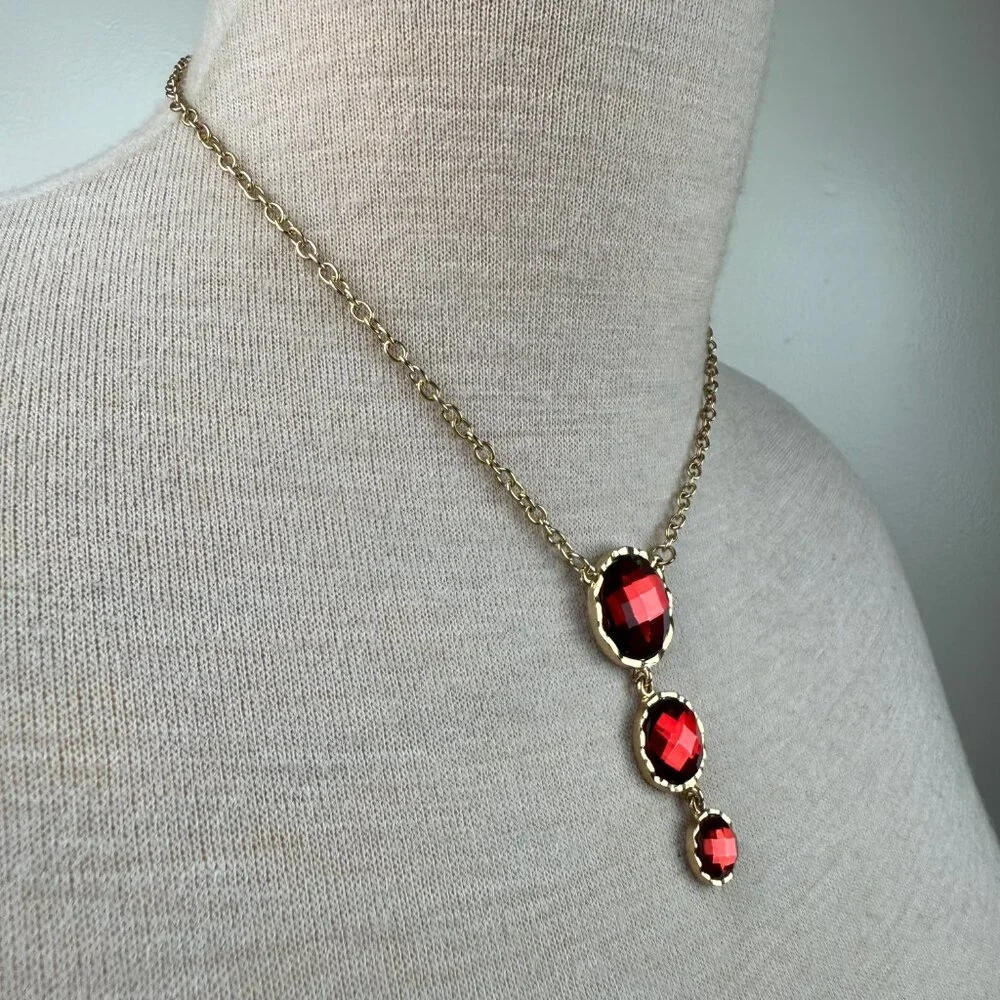 Red Acrylic Drop Gold Tone Chain Necklace 18